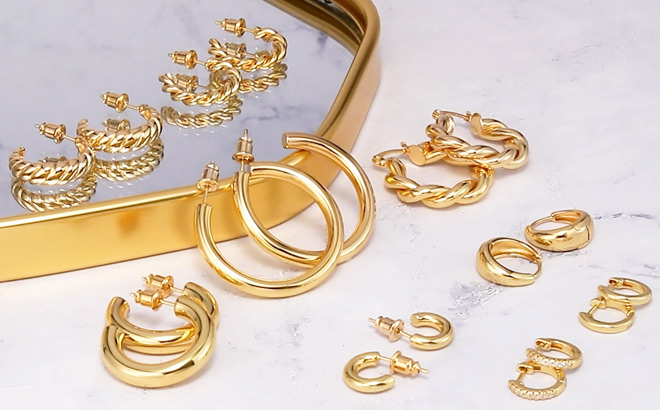 9 Pairs Gold Hoop Earrings Set