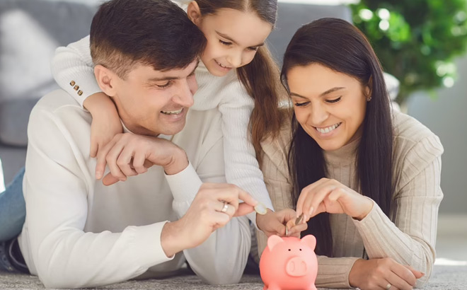 A Family Saving Money in a Piggy Bank