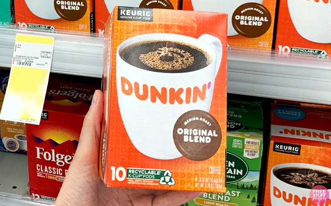 A Hand holding a Box of Keurig Dunkin Coffee K Cup Pods