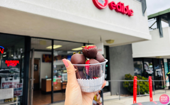 A person holding a Chocolate Dipped Fruit Cone at Edible Arrangements