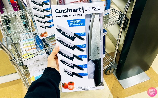 a Person Holding Cuisinart 10 Piece Cutlery Set with Stainless Steel End Caps
