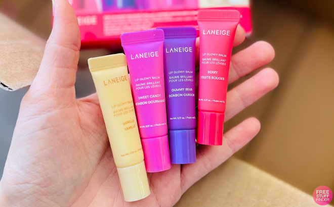 A person holding Laneige Mini Lip Glowy Balm Set