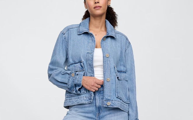 A Person wearing a GAP Factory SuperSoft Denim Utility Jacket