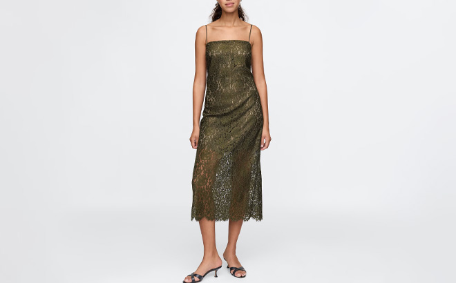 A Person Wearing GAP Lace Midi Dress