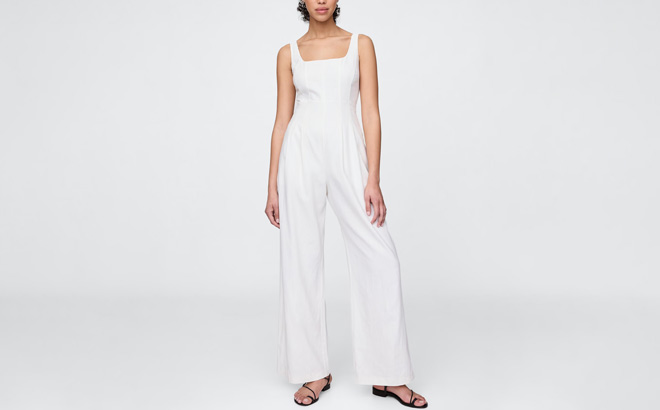 A Person Wearing GAP Linen Blend Seamed Jumpsuit