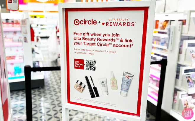 A Sign Showing Target Circle and ULTA Rewards Free Gift Options
