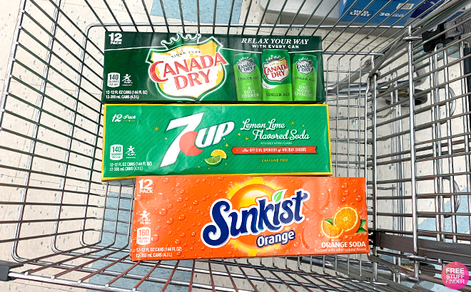 A Variety of 12 Pack Soda on a Cart