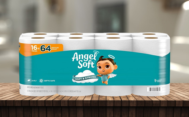 Angel Soft Toilet Paper 16 Packs on the Table