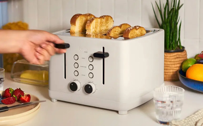 Bella Pro 4 Slice Toaster in Oatmilk Color on a Table