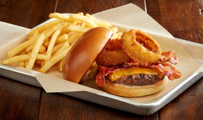 BJs Restaurant and Brewery Loaded Burger with Fries