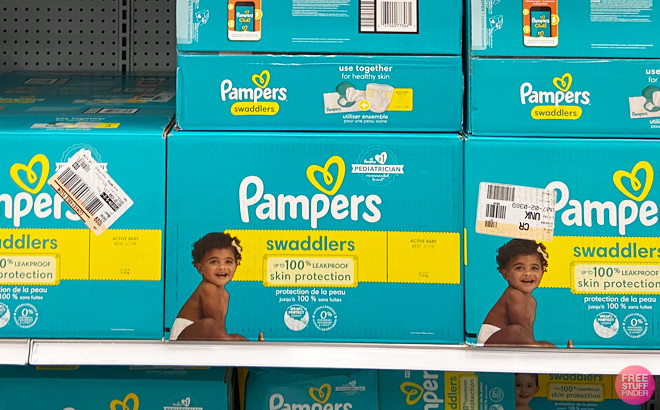 Boxes of Pampers Swaddlers Sensitive Disposable Diapers on a Store Shelf