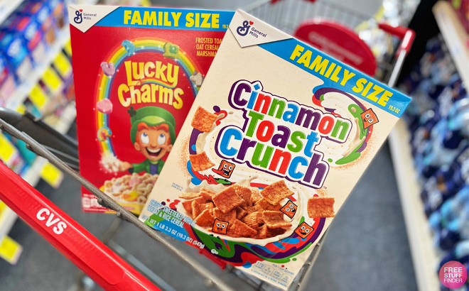 Cinnamon Toast and Lucky Charms Cereal on a Cart