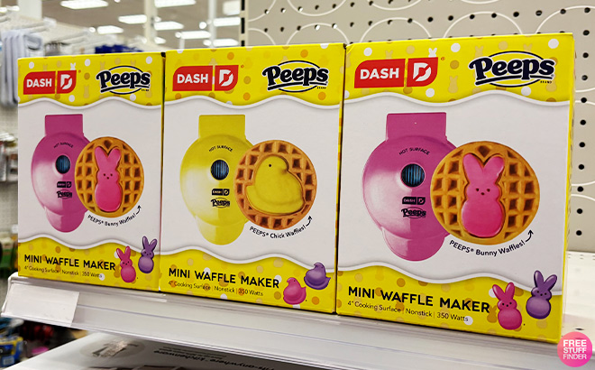 Dash x Peeps Mini Waffle Makers on a Shelf