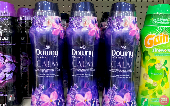 Downy Soothing Lavender Vanilla Bean Scent Boosters on a Store Shelf