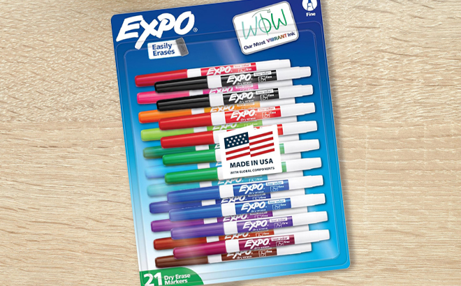 Expo 21 Count Dry Erase Markers Pack on a Table