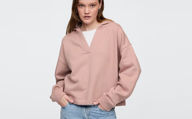 GAP Factory Relaxed Fleece V Neck Hoodie in Pink