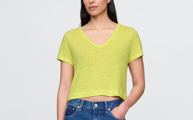 GAP Linen Blend V Neck Crop T Shirts