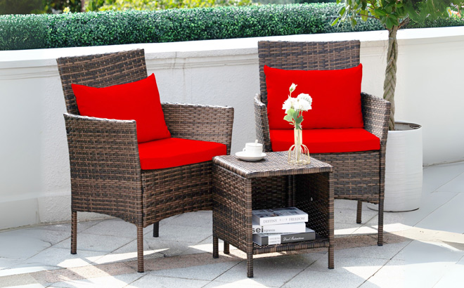 Grearden 3 Piece Wicker Patio Conversation Set with Red Cushions