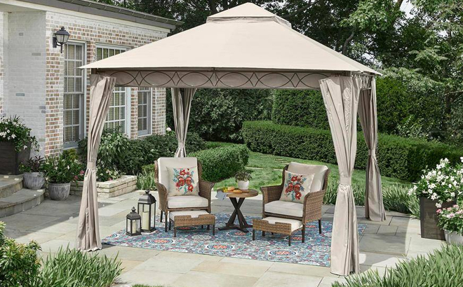 Hampton Bay Palantine 10 5 ft x 10 5 ft Tan Soft Top Gazebo