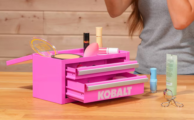 Hot Pink Kobalt Mini 2 Drawer Steel Tool Box on a Table