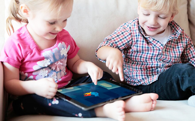 Kids Playing Fun Games from Sago Mini on a Tablet