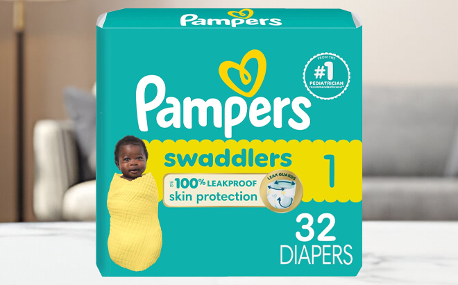 Pampers Swaddlers Diapers 32 Count Box on a Table