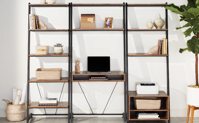 Realspace Belling Leaning Computer Desk in the Middle of Two Other Shelves