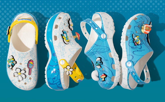 Smufs New Crocs with Jibbitz on a Blue Background