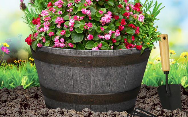 Style Selections Large Gray Whiskey Barrel Planter