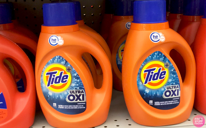 Tide Ultra Oxi Liquid Laundry Detergents on a Store Shelf