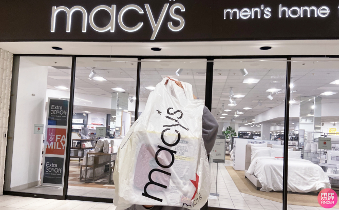 Tina Holding a Macys Paperbag in Front of the Store