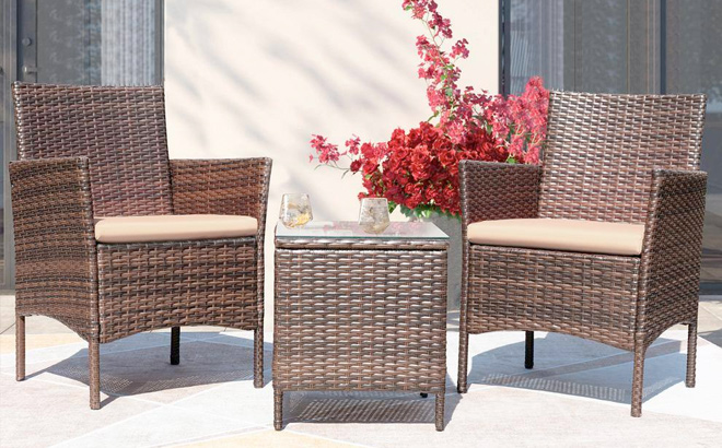 Tozey Brown 3 Pieces Patio Furniture PE Rattan Outdoor Conversation Set wTable Backyard Garden Set with Beige Cushion