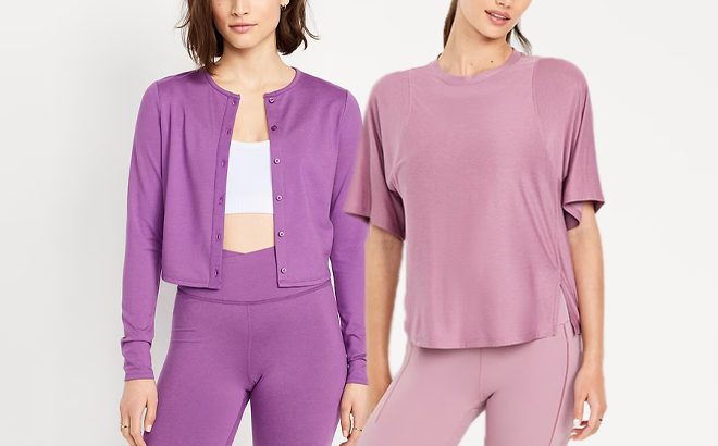 Two People wearing Old Navy Womens CloudComfy Cropped Cardigan and Old Navy Womens CloudMotion Seamed T Shirt