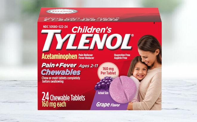 Tylenol Kids 24 Count Pain Fever Relief Chewable Tablets Box on a Table