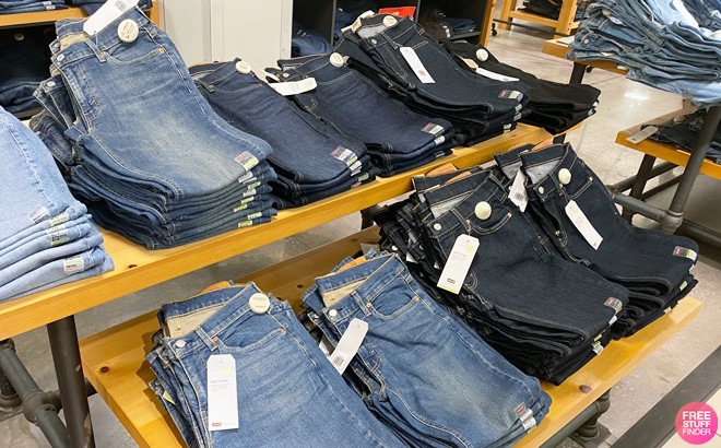 Various Styles of Levis Womens Jeans on a Bench